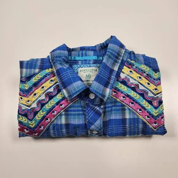 Panhandle Rough Stock Plaid Western Shirt M Embroidered Snap - Picture 14 of 14